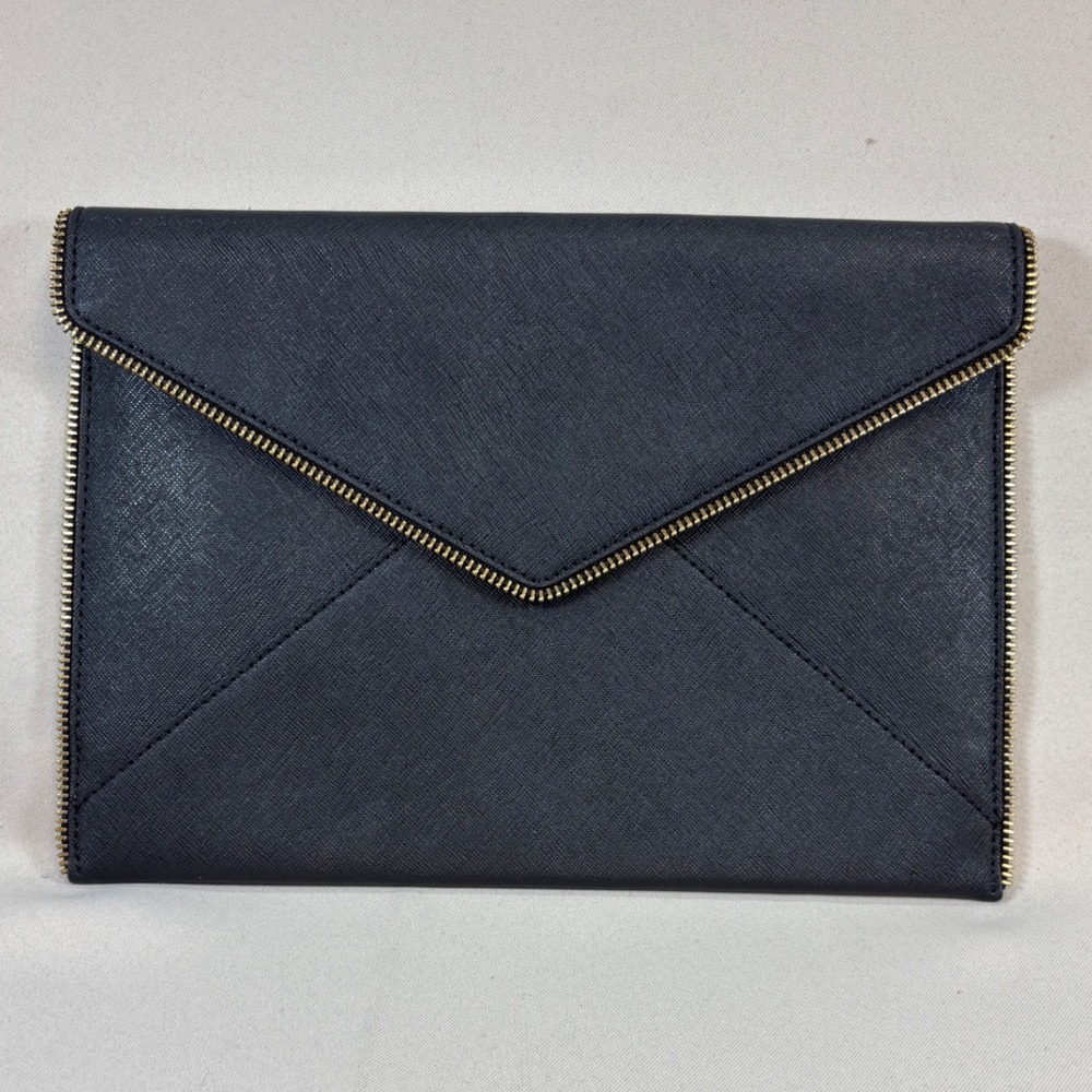 Rebecca Minkoff Leo Clutch Women Black Gold Saffiano Leather Zip Envelope Purse